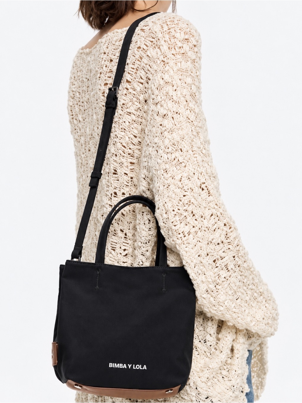 Bimba y Lola Black Canvas Shoulder Bag with Detachable Strap